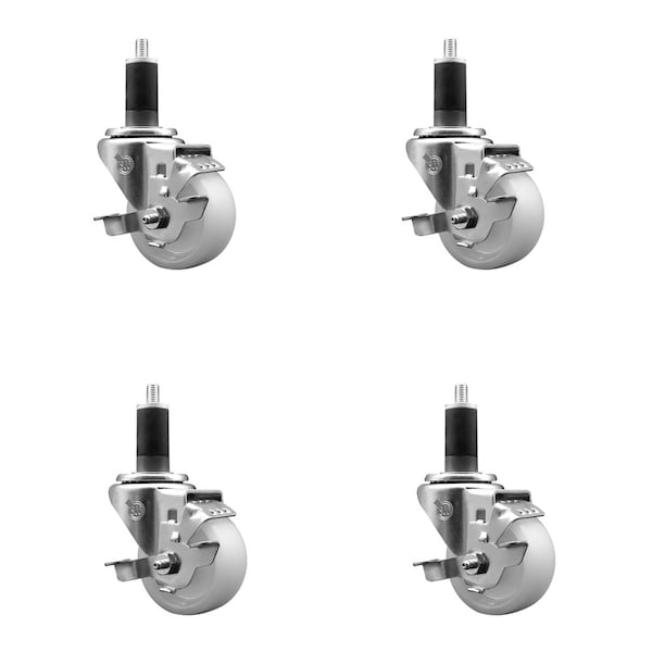 3'' SS Nylon Swivel 1-1/4'' Expanding Stem Caster Set with Brake, 4PK